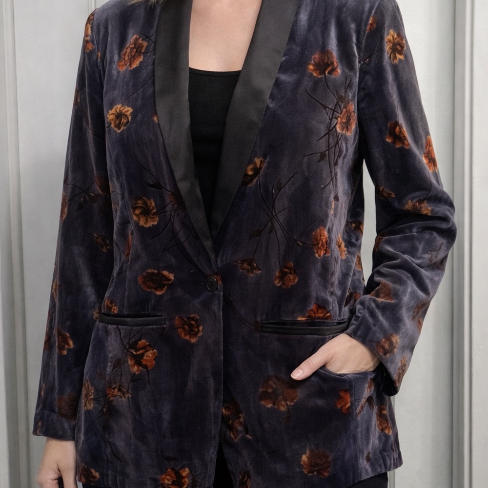 Anthropologie Velvet Floral Blazer with Black Trim